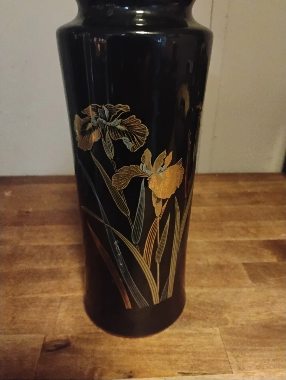 Vintage Black Floral Decorative Table Vase with Gold and Blue Iris Design